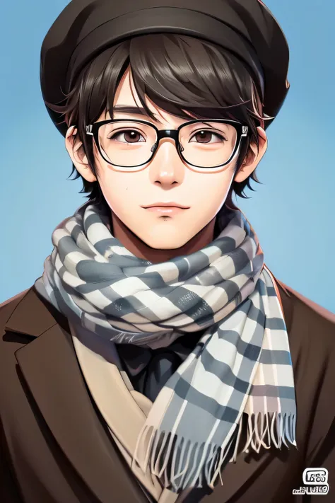 Anime boy with glasses, hat and scarf, Cute and detailed digital art, Cute realistic portrait, Cute art style, Cute and detailed artwork, cute portrait, Cute digital art, Adorable digital painting, Gweiz-style artwork, Detailed digital anime art, Digital a...