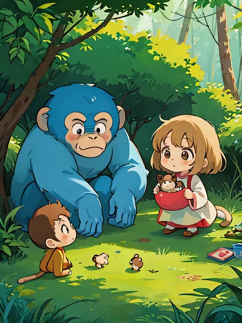 Hayao Miyazaki style, Kawaii Design, The most beautiful girl of all time、Chibi, monkey, play together、monkey Forest