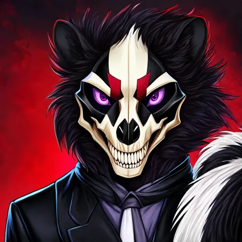 male, skunk, furry, purple eyes, black fur, dark red skunk skull mask, black long coat red and sliver outlines, black background.