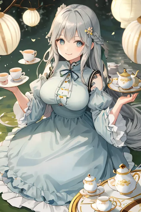 Gray Hair、Emerald Eyes、long hair、kind、Confused eyes、cute、A very cute, summery, pink balloon dress、Tea party、beautiful girl、Big Breasts、Princess、grace、Gorgeous light blue dress、slim、Smiling、one person、Smiling