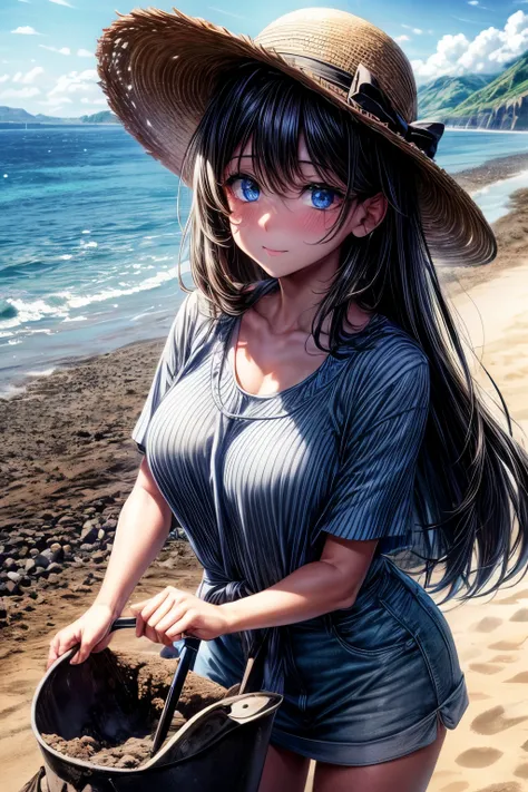 Blue eyed mexican woman next to a river beach made of black sands and cobble stones, Bucket and large shovel in girls hands, she is digging a hole