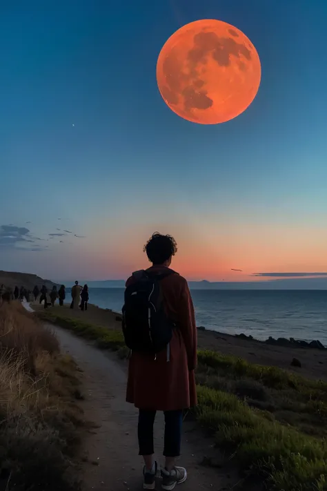 ((best quality)), ((masterpiece)), (detailed), perfect face
A person stands on a barren landscape, gazing at a large, vibrant red moon rising over the horizon. The individual is dressed in a warm coat and carries a backpack, suggesting they might be embark...