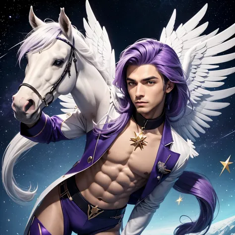 Um ponei pegasus MASCULINO HOMEN
 ao estilo de My Little Pony com pelo meio amarelado claro, asas meio amareladas claras com pontas brancas, crina e cauda roxas com mechas prateadas, a Cutie Mark that is a purple wing with a white shooting star, and a faci...