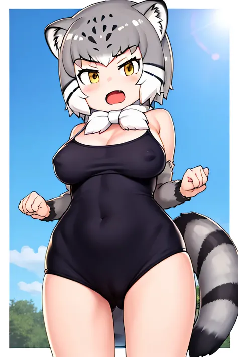 best quality, 1girl, Pallass Cat (kemono friends), kemono friends, from below, cameltoe, swimsuit, covering nipples