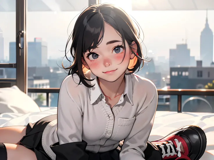 A swedish, American,  german, young woman, 20yo, downtown, in large metropolis, collared shirt, sweater, pleated skirt, chuck taylor shoes, smirk  ((heavy gaussian blur)), ((soft lighting)), (((extremely hazy:1.2))),, (extremely bright), (dreamy atmosphere...