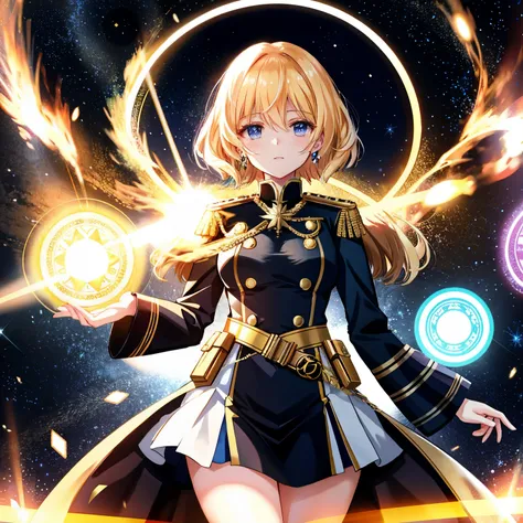 * Position and movement: Tanya is floating in the air. Her body moves lightly, holding her magic gun firmly. A divine golden magic circle emerges from the muzzle of the gun. This part of the reflection is expressed through the depiction of the characters p...