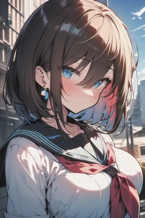 (best quality), (Super detailed), (Best Illustration), (masterpiece), (woman), {(white serafuku:1.2)}, (large breasts:1.2), {brown hair, (sideburns), (bob cut:1.3), curly hair, hairs between eyes, colored inner hair}, {(detailed eyes), blue eyes}, blush, e...