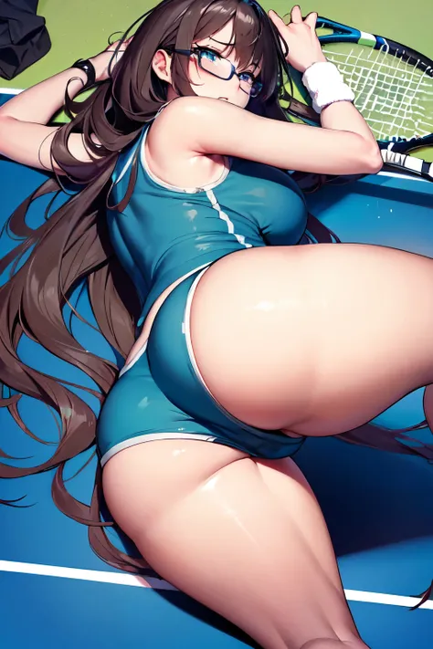 (software:1.5), (Tennis Wear、Skort)、Dark brown wavy long hair、Droopy eyes, Thick thighs, Such an ass, Liar, bed, Open crotch, Dettol, Spread your legs, Show your side, Down the Out、Tears are overflowing、Glasses、(Dynamic pose)、Untidy body、Dynamic Angles、Tur...