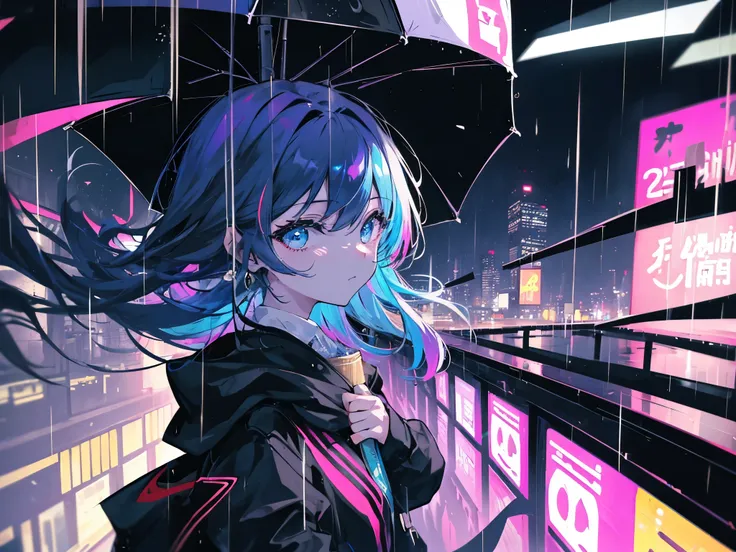 One Girl、City of night、Street lamp、rain、coat、Put your hands in your pockets、They will laugh、Super colorful、Black-based color scheme、A melancholic look、
