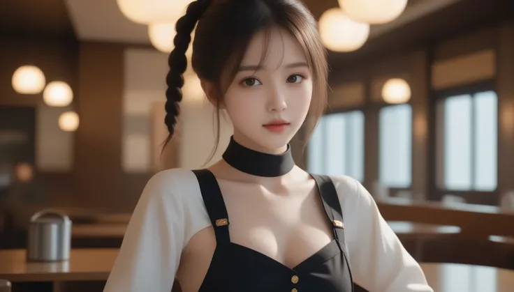 8K, Ultra-high resolution, highest quality, masterpiece, Surreal, photograph, 1 girl, (10 years old:1.3), pretty girl, Cute face, Beautiful eyes in every detail, Cafe staff、intellectual,（Naked Apron:1.5), (A cup small breasts:1.2),(((Shining Eyes)),clavicl...