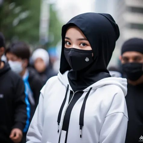 A white girl wearing black Hijab with black hoodie and black face mask . Background with blur effect.