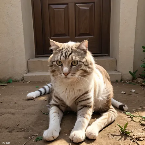 Buatkan aku gambar kucing dengan pakaian muslim bernama Muhammad Sumbul, latar belakang padang pasir