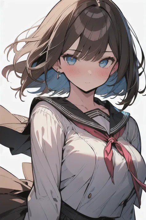 (best quality), (Super detailed), (Best Illustration), (masterpiece), (woman), {(white serafuku:1.2)}, (large breasts:1.2), {brown hair, (sideburns), (bob cut:1.3), curly hair, hairs between eyes, colored inner hair}, {(detailed eyes), blue eyes}, blush, e...