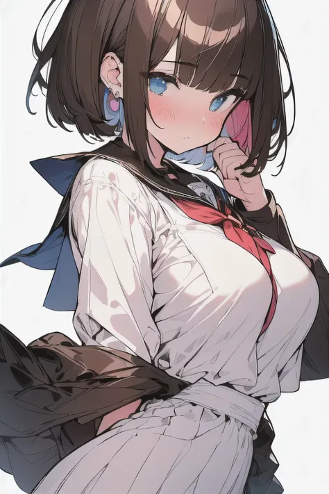 (best quality), (Super detailed), (Best Illustration), (masterpiece), (woman), {(white serafuku:1.2)}, (large breasts:1.2), {brown hair, (sideburns), (bob cut:1.3), curly hair, hairs between eyes, colored inner hair}, {(detailed eyes), blue eyes}, blush, e...