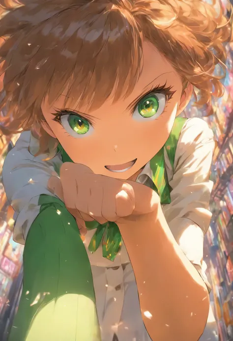 masterpiece, highest quality, best quality, 1girl, solo, looking at viewer, , tezuka rin, (armless amputee:1.2), brown hair, collar, collared shirt, (double amputee:1.2), green eyes, katawa shoujo, red necktie, shirt, short hair, solo, white shirt,  lozhki...