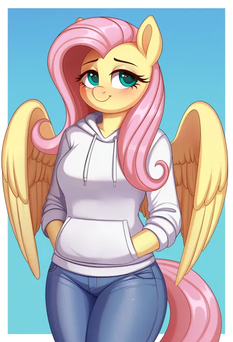 score_9, score_8_up, score_7_up break fluttershy, pegasus, anthro, g4, blushing, border, fluttershy, clothes, denim, female, gra...