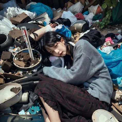 He was lying on a pile of rubbish with his head in his hands.、Sleeping woman in her fifties with black bob hair, Wearing a dirty black hoodie,Wearing ripped training pants,Litter, Garbage is scattered everywhere, Scattered belongings, By Fei Danshu, Tired ...