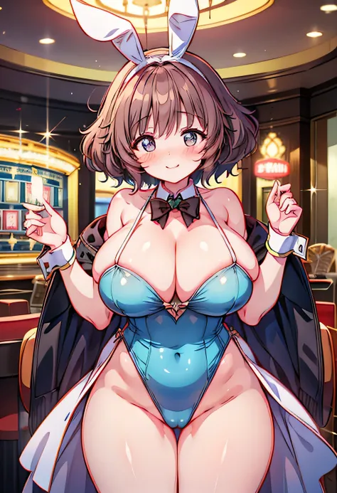 Anime illustration、Fantasy、highest quality、Luxury Casino、Voluptuous Bunny Girl、Perfect proportions、overwhelmingly big breasts、very thick thighs、Beautiful, shining eyes、Blushed、smile、Cowboy Shot