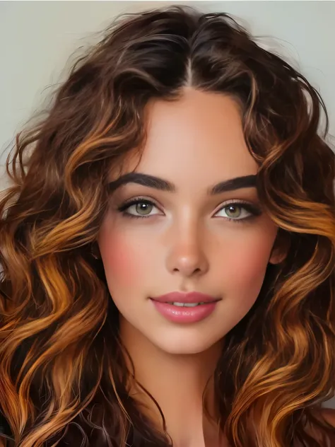 A girl with beautiful brown eyes and black wavy hair, wearing belviso style, is the main subject in this portrait. She has a warm smile on her lips and freckles on her face, giving her a youthful and charming appearance. The artwork aims to be realistic an...