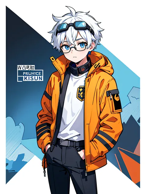 1boy, solo, blue eyes, (detailed eyes), white hair, hair between eyes, (goggles glasses in his head), (waterproof jacket), large jacket, (orange jacket), black shirt, pants, gray pants, standing, (hands in pockets), (((Closed jacket))), upper body, (white ...