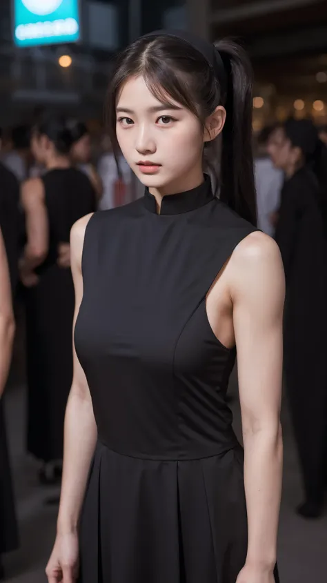 Beautiful, Korean, Baby Face, 20 Yearsold, Ponytails, Black Nun Clothes Complete With Attributes, Sleeveless, Big Breast, ((Muscles:1.3)), Chill Face, Night Street Crowd Background, Tighten Breasts Hand Pose, Full Body Shoot