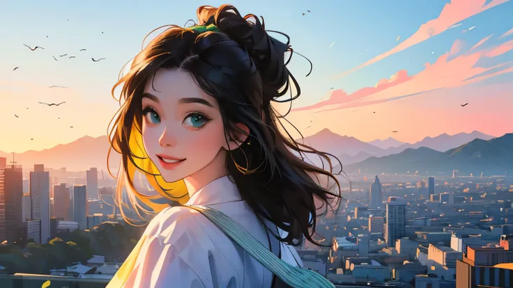 ((masterpiece)),(((bestquality))),((ultra-detailed)) realisticlying, 1 girl, Beautiful, black hair, happy, The sky morning, looking to viewer, soft green, city, mountain. sky blue.