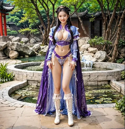 She looks like a very slutty girl,full body xianxia, slutty princess, Horny smile, Chinese Hanfu, Put on sexy blue bikini lingerie， Lace lingerie, Lace panties, Long-legged girl，Put on your boots，White boots，Huge breasts，Put on your hat，fantasy服装, Put on a...