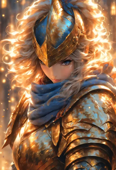 Masterpiece, absurdres, fine detail, HDR,highly detailed armor with gold plating, shiny armor, photorealistic,PLD_armor, a female knight in armor, wearing PLD_armor, blue scarf