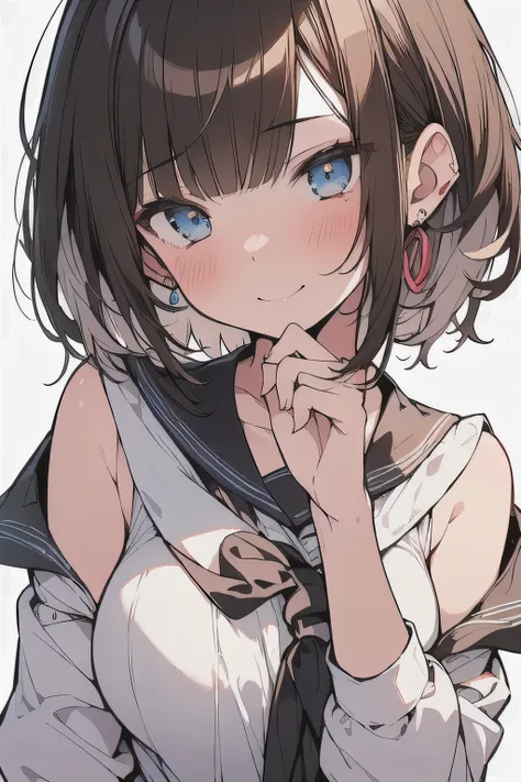 (best quality), (Super detailed), (Best Illustration), (masterpiece), (woman), hand on own chin, {(white serafuku:1.2)}, (large breasts:1.2), {brown hair, (sideburns), (bob cut:1.3), curly hair, hairs between eyes, colored inner hair}, {(detailed eyes), bl...