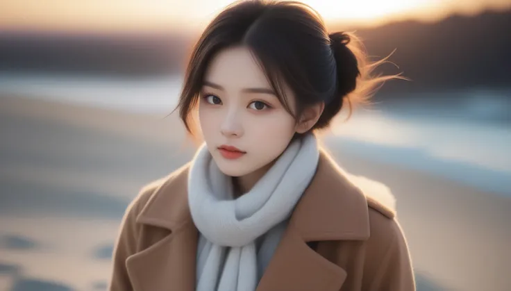 8K, 超High resolution, highest quality, masterpiece, Surreal, photograph,Three-part method, 1 girl, (16 years old:1.3), pretty girl, Cute face, Beautiful eyes in every detail,Japan Female Announcer,(wearing a long winter coat and scarf、Close-up of thin blac...