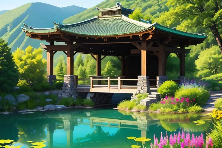 There is a pond in the high mountains. There is an ancient stone bridge above the pond. There is a pavilion on the side. There are trees and flowers on both sides. It is green and very poetic.