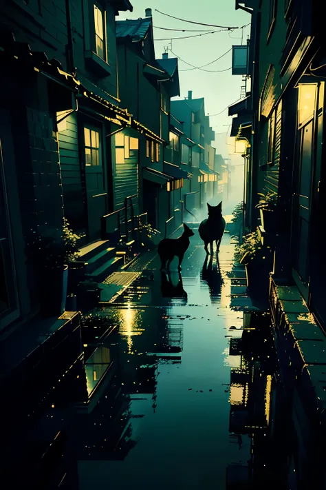 (Masterpiece, Two Cats), High Detail, Realistic Rendering, (Windowsill of an Apartment), Cityscape Backdrop, (Dark Green & Blue Color Palette), Atmospheric Fog, (In the Style of Tatsuro Kiuchi), Soft Lighting, Vintage Film Still Aesthetic, (35mm Lens, f/20...