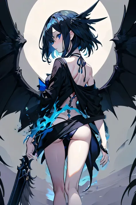 Gothic　Blue Eyes　Blue and black hair　bikini　Swimwear　Slender girl　back　Back view　Harpie　Fleeting　Many children　Bird legs　Character portrait　whole body　Japanese anime hand drawn illustration