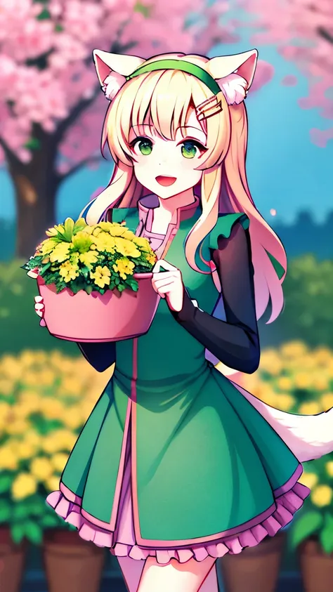 1 dевушка, :d, animal ear fluff, animal ears, bang, black hairband, blonde hair, blurred, blurred background, depth of field, dress, flower, flower pot, frilled dress, frill, green dress, green eyes, hairband, holding, long hair, open mouth, pink flower, a...