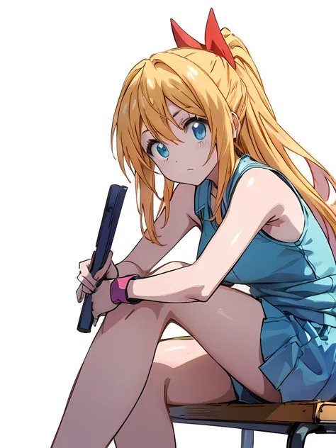 chitoge, silling on a bench, blue sports wear, looking at the screen