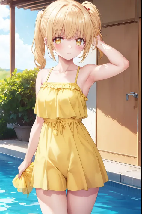 Mahiru shiina, , blonde, (Yellow Eyes:1.3)、side ponytail,,blush,smile,Sea、Wearing a cute swimsuit,Daytime、Wear a swimsuit、Captivating thighs、Beautiful bare legs, Revealing swimsuit、bikini、School Swimsuit、Showing armpits、Armpit Show
（masterpiece:1.2), highe...