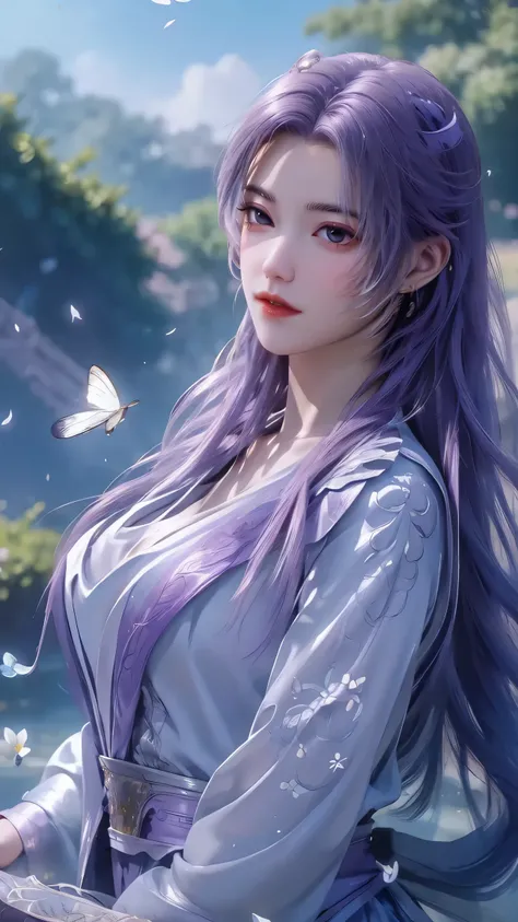 (best quality,ultra-detailed,photorealistic:1.37),vivid colors,studio lighting,beautiful detailed eyes,beautiful detailed lips,extremely detailed eyes and face,long eyelashes,portraits, purple hair,confident expression,feminine,standing in a garden,soft su...