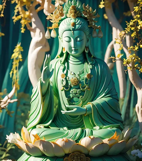 Guan yin statue made of   jade and jewelry with many hands, crystal clear,  shinning, Chinese haven background , holly light,  ancient style, 8k,  ultra,  full HD , super detailed detail 