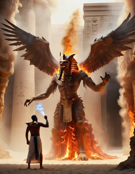 a photo of a (towering winged beast engulfed in flames:1.3), confronting a egyptian wizard channeling a spell, sand cave setting...