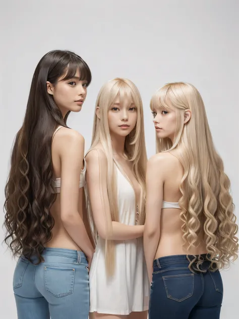 (Full body shot of three identical twins :1.3)　(Photograph three people in the same pose from the front:2.0)　(The three of them are like clones., Wearing the same clothes、Take the same pose　Physically identical)　　(Pure white wall background:1.8. Upper body...