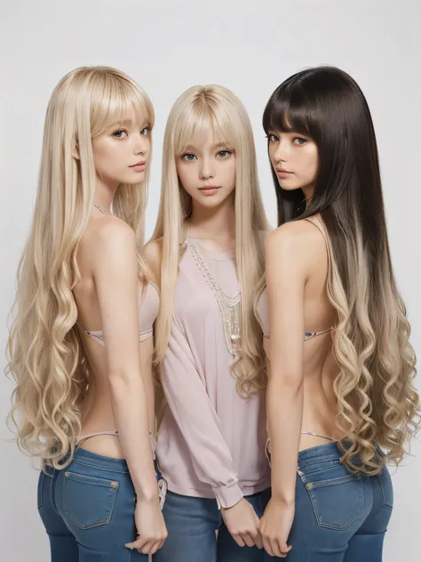 (Full body shot of three identical twins :1.3)　(Photograph three people in the same pose from the front:2.0)　(The three of them are like clones., Wearing the same clothes、Take the same pose　Physically identical)　　(Pure white wall background:1.8. Upper body...