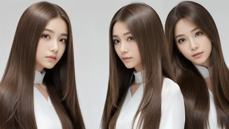 (((A photo of two identical twins, side-by-side, photographed from the neck up in the same space)))　(two women with length brown hair posing for a picture, thin and shiny hair, Ulzzang, long and straight hair of brown color,, Brown long hair, beautifulgemi...