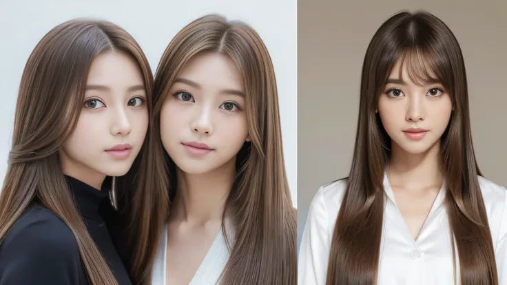 (((A photo of two identical twins, side-by-side, photographed from the neck up in the same space)))　(two women with length brown hair posing for a picture, thin and shiny hair, Ulzzang, long and straight hair of brown color,, Brown long hair, beautifulgemi...