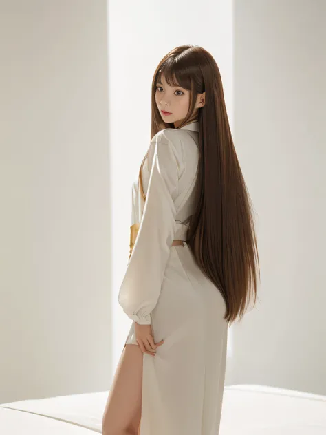 (1 Knee-length shot of a woman)　((Random standing poses that spread your back and hair as wide as possible:1.8))　((Beautiful 24-year-old hair model with long black hair, girl with super Very long hair that reaches down to the ankles, extremely Very long ha...