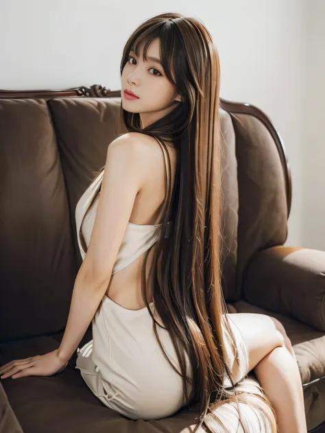 (Knee-length shot of a woman)　((Sit on a suitable sofa, Make your back and hair look as wide as possible:2.0))　((Beautiful 24-year-old hair model with long black hair, girl with super Very long hair that reaches down to the ankles, extremely Very long hair...