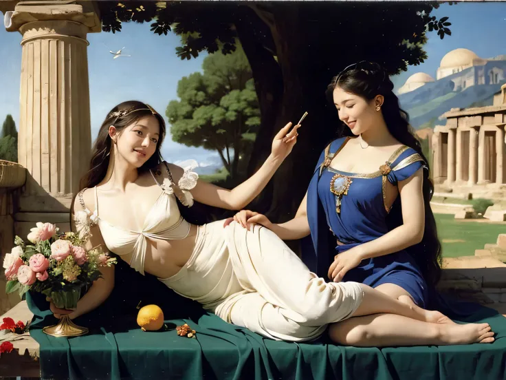 full body portrait or statue、Giorgione painting style,Arguments of two female Philosophe,math、astronomical machine、astronaut、roses in vase、fruits、Cute trinkets、smile、ancient greek costume、Ancient Roman landscape in the style of Nicolas Poussin,laughter,,Sw...