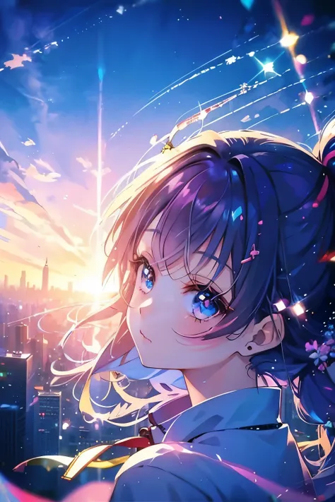 masterpiece, Potrait, fine detail, beautiful anime girl, solo, full color, cyberpunk, soft focus, Colorful light gradient, watercolor painting, lens flare, kirakira, Glow, Dreamy, city background