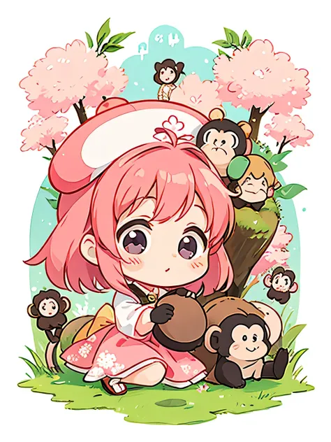 Momoko Sakura style, Kawaii Design, Chibi, monkey, monkey Forest