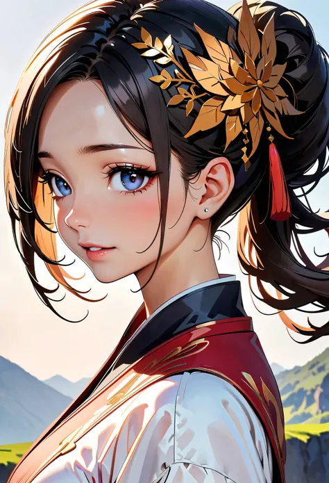 (high quality, 8k, 4K, High Contrast, masterpiece:1.2, 最high quality, Best aesthetics), ((1 female)), Chinese traditional clothing, Beautiful and detailed eyes and face, An exquisitely crafted hair ornament, Real Skin Glow, pretty girl, Shy, close, Upper B...