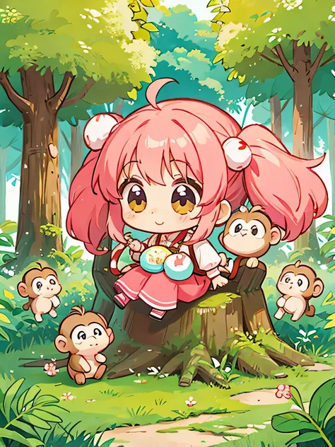 Momoko Sakura style, Kawaii Design, Chibi, monkey, monkey Forest